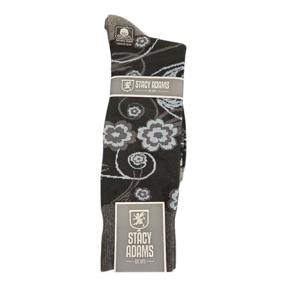 STACY ADAMS MENS LEAF PATTERN DRESS SOCK. BLACK WHITE. SAS 337-5 - Picture 1 of 3